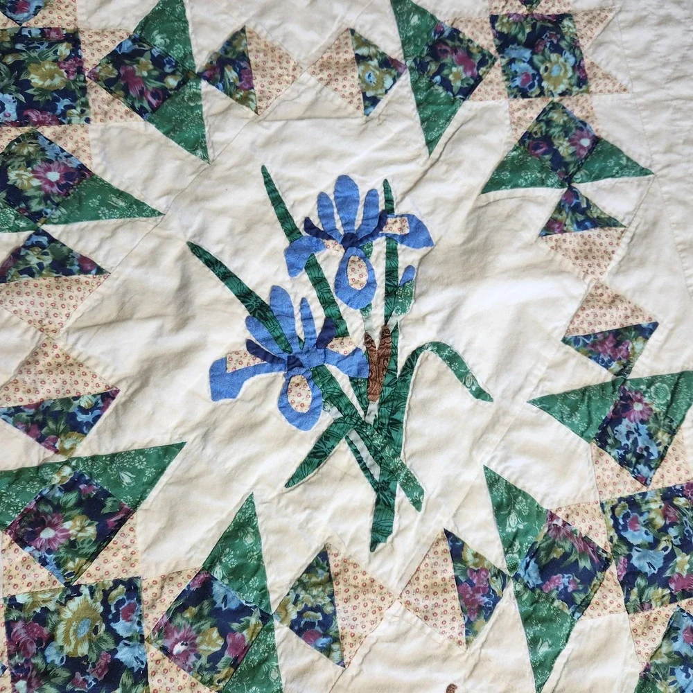 Vtg LL Bean Freeport Maine Botanical Block Applique Patchwork Quilt 62 X 80